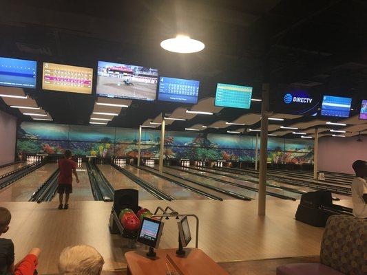 Bowling alley, nice fish mural.