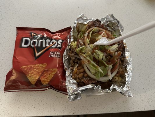 Portion size on loaded mac. (Left: small bag of Doritos, Right: $15 loaded Mac)