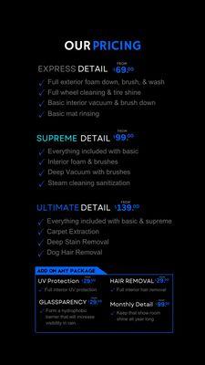 FastShine Pricing plans, keep in mind there may be an up-charge depending on the size of your vehicle. (SEDAN/SUV/VAN/SEMI)