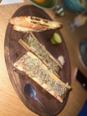 Smoked Bone marrow: Marinated in herbs and paired w/ miso toast