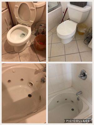 Our bathroom floor and tub before and after.