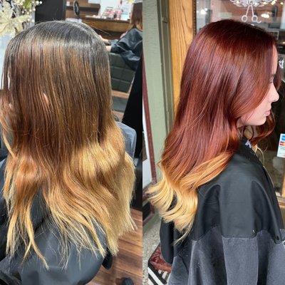 Multi tonal red to blonde ombre'