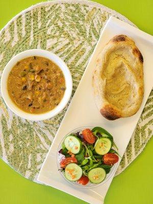 Sprouty Lunch Special. Cheezy Flatbread, Green Salad, and White Bean Chili.