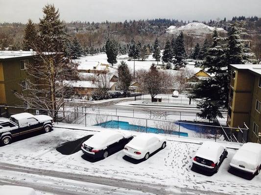 View from the D complex balcony on a snowy day