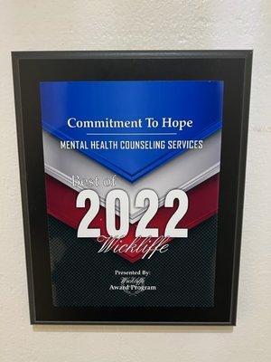 2022 Counseling service of the year..Wickliffe, Ohio