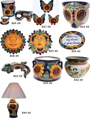 Pottery, sun faces, lamps and more.