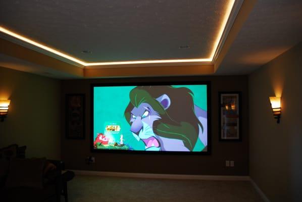 Basement Theater Room with Trace Ceiling completed by CMH Builders.