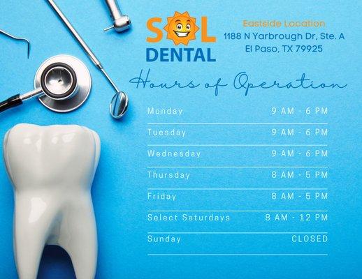 Updated hours of operation. We are now open select Saturdays for all of your dental needs.