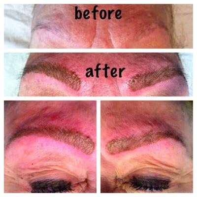 Eyebrow permanent makeup lightly hair stroked fill for blonde thinning brow hairs