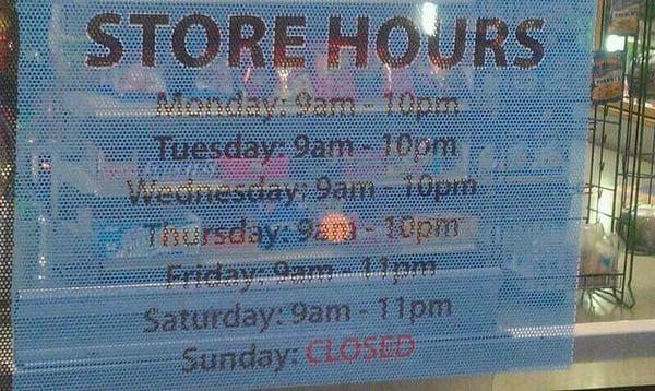 Store Hours sign