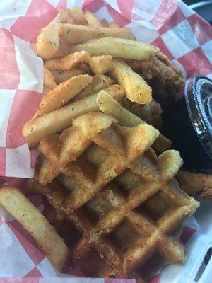 Chicken and waffles with spicy sweet syrup