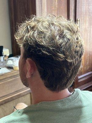 This is a view of the back to show graduation of the hair from top to nap of neck.