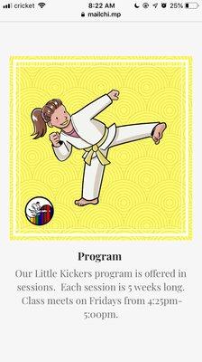 Little Kickers Introduction to Taekwondo was designed for children ages 3-5.  Offered in 5 week sessions.