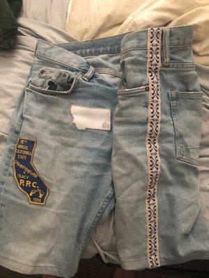 Jeans turned into shorts, patches, and other stitched accents