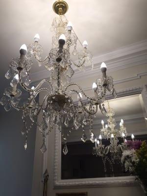 Tiny place but pretty crystal chandelier.