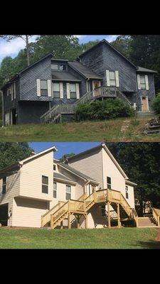 Before and after with new windows, siding, paint, and deck.