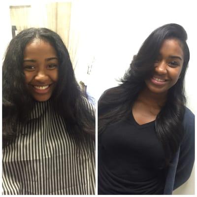 Before and After of our beautiful client! She received a wash, trim, blowdry, and iron work.