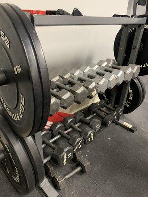 Rack including dumbbells, plates for weight training.