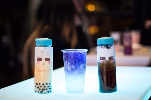 Left to Right: Milk Green Tea with Boba in $1.15 cutie bottle / Butterfly Pea Lemon Tea / Dirt Tea (Black Tea with Oreo crumbs)