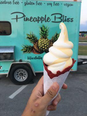 Pineapple Coconut Twist in a Red Velvet cone