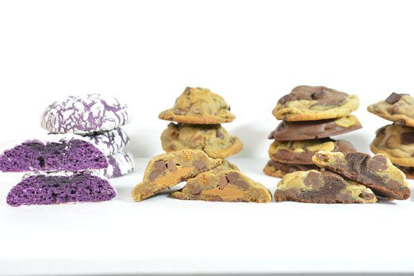 ube krinkle cookies, brookie cookies, biscoff chocolate chip cookies