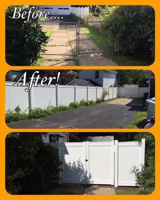 Install of vinyl privacy fencing and a custom built barn door style gate.