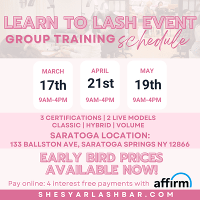 Learn to Lash Events are held every month! Buy your ticket at SHESYARLASHBAR.COM