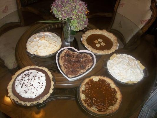 A few of our different pie flavors. The most popular is the oreo crusted coffee ice pie with chocolate fudge between layers.