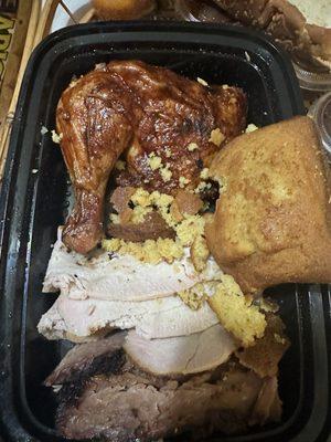 3 THREE MEATS, TWO SIDES Chicken, brisket and turkey