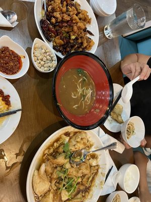 Chongqing spicy chicken, braised beef noodle soup, fish with tofu non spicy.