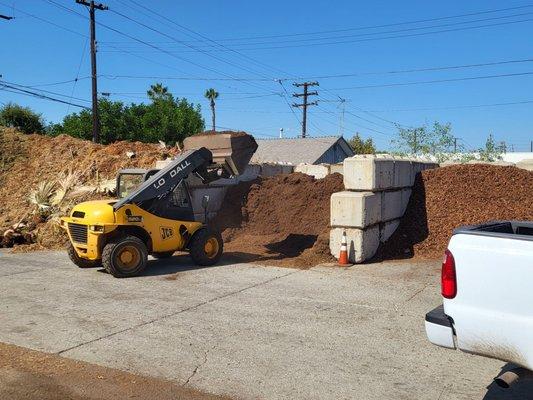 Tractor scooping mulch