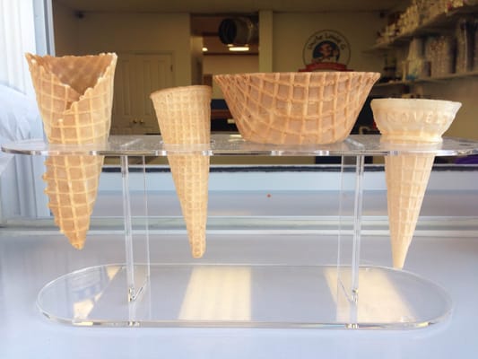 Our variety of cones!  (Left to Right) Waffle Cone, Sugar Cone, Waffle Bowl, & Wafer Cone