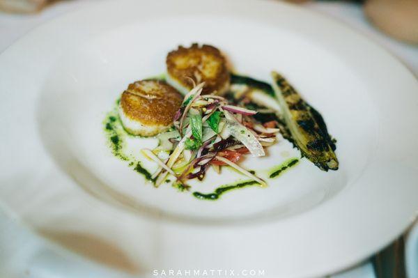 Seared Sea Scallops with Ramp Vinaigrette corn puree, wild mushrooms and sorrel