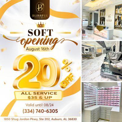 SOFT OPENING: August 16th, 2024

 Blissful Nails & Brows is excited to announce our Soft Opening on August 16th, 2024!