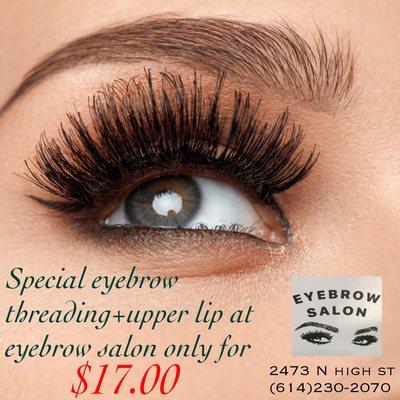 Our special for eyebrow and upper lip services. Call us today to book your appointment.