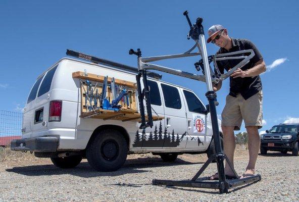 Mobile Bike Works Santa Fe's Ford Econoline, equipped and ready to work on your bike