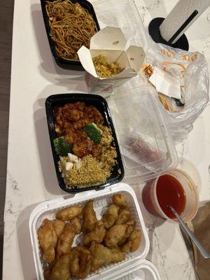 Sweet and sour chicken, chicken lo mien, orange chicken, fried rice