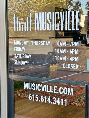 music store hours, exterior sign