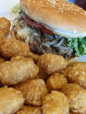 The mushroom swiss burger was delicious and tater tots hot and crisp!