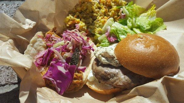 Lamb Burger, Pulled Pork Shoulder, Rice and Lentil Salad, Tricolor Salad