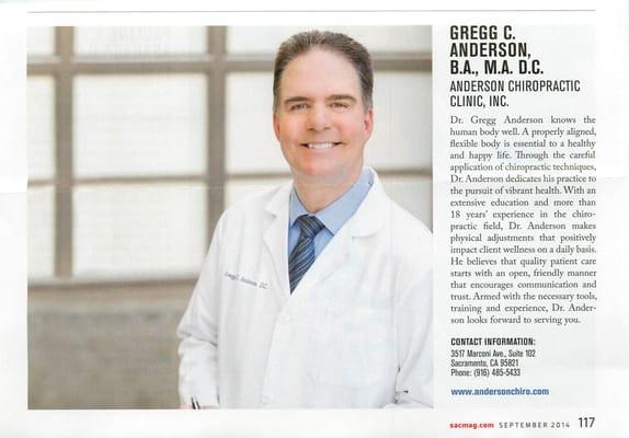 Top Chiropractors Section. Sacramento Magazine October 2014.