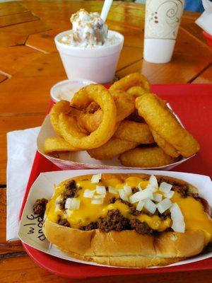 Dog with meat sauce & cheese.  Onion rings and sundae in back.