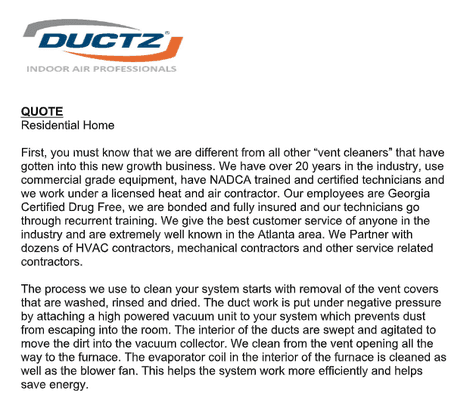 Helpful info to know about DUCTZ of Greater Atlanta. This was emailed to me along with my quote from Rhonda.