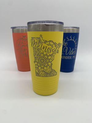 20 ounce tumblers, for hot or cold drinks! Laser engraved here at the store!  QUALITY Polar Camels!