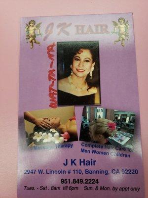 Jk Hair in Banning. Amazing hair and beauty salon. Cuts, color, perms, highlights, blowouts, manicures, pedicures, facials and massages.