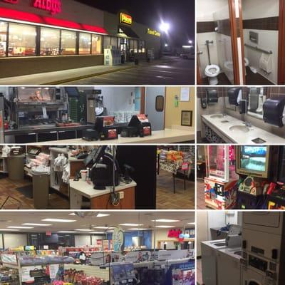 A collage of photos of this location. Entrance, bathrooms (men's) Arby's, laundry, and convenience store...