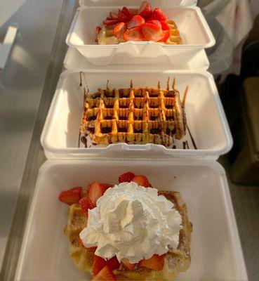 Our famous liege waffles topped with strawberries, whipped cream and whatever you'd like