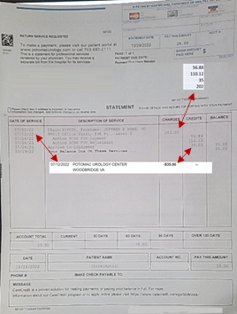 Bill credits match charges but still says I owe $35.00?