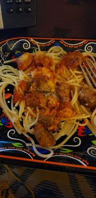 Meatball Bake over spaghetti