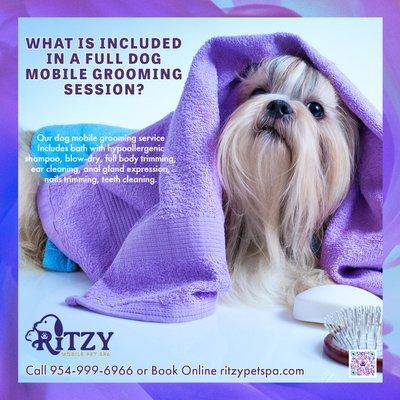 Our dog mobile grooming service Includes a bath with hypoallergenic shampoo, blow-dry, full body trimming, ear cleaning, and more..